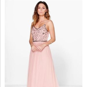 Boohoo Beaded sheer overlay prom gown